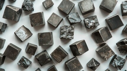 Minerals cubes scattered on a uniform background