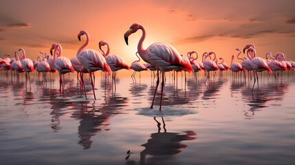 Graceful flamingos wading in a shallow lake wallpaper for the phone,
Beautiful flamingos in lake - obrazy, fototapety, plakaty