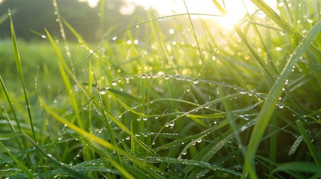 In the early light, dew-kissed blades of grass shimmer with freshness