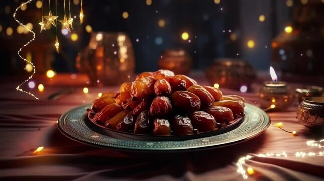 Dry dates on saucer ready to eat for iftar time