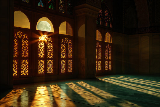 An Islamic mosque interior moonlight shine on ramadan holy month and the muslim religion concept background.