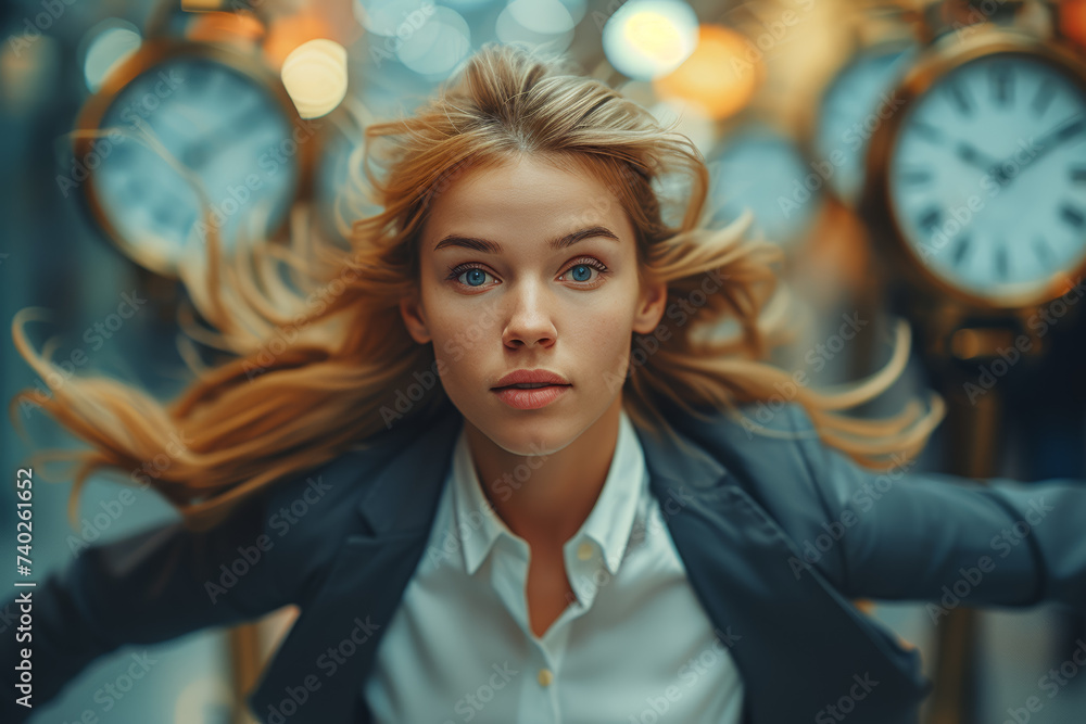 Poster a businesswoman multitasking with efficiency, balancing various responsibilities and projects with g