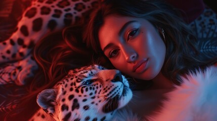 a female with long brunette hair, she is lying on a bed and a white leopard is next to her, dark black and red room