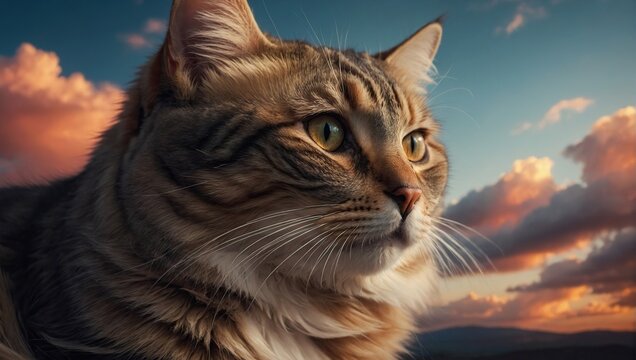 a world where the sky is filled with colourful clouds, each one carefully crafted to create a unique and visually stunning image of a cat