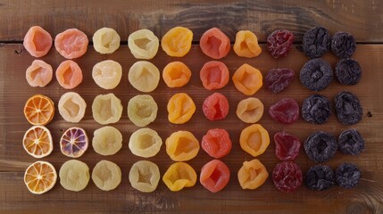 Wholesome dried fruits arranged neatly on a textured wood surface