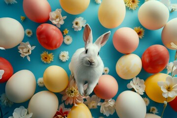 Happy Easter Eggs Basket tulip planting guide. Bunny hopping in small scale decoration. Adorable hare 3d barbecues rabbit illustration. Holy week easter hunt Tropical blossom card Bright colors