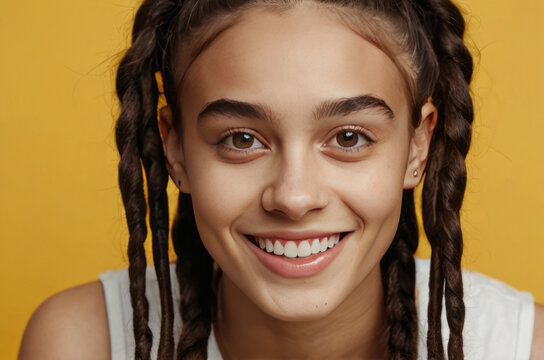 Portrait of a happy and fashionable young woman with dreadlocks on a yellow background, generation Z.