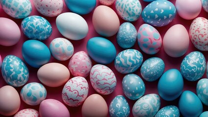 Fototapeta na wymiar Blue and Pink Easter Background, Collection of Precisely organized Eggs with Heart Patterns