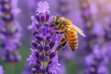 A bee pollinating vibrant lavender blooms, highlighting the crucial role of pollinators in sustaining the ecosystem. Concept of environmental stewardship. Generative Ai.