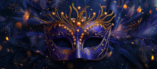 Carnival mask on a dark background with dark navy and gold