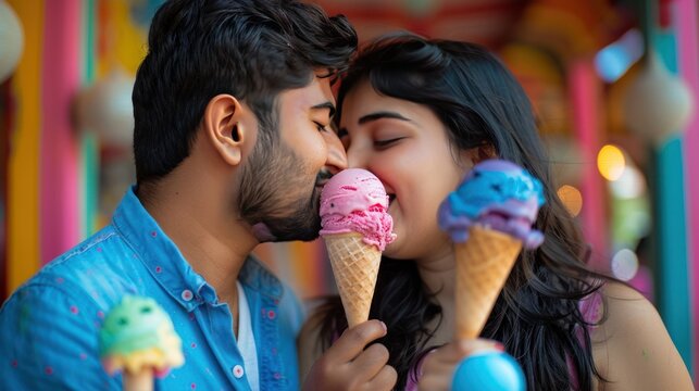 weet Moments. Couple Sharing Ice Cream Kiss