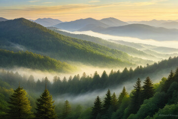 Beautiful landscape with fog in the mountains and forest. Natural background. Early morning mist