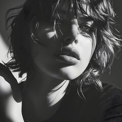Fototapeta premium portrait of a woman with hair, girl in her twenties and thirties, sunset mood, black and white