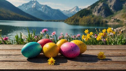 colorful easter eggs with flowers on wooden table overlooking lake and mountain
