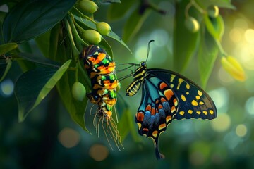 Amazing moment . caterpillar, Large tropical butterfly hatch from the pupa, and emerging with clipping path. Concept transformation of Butterfly - obrazy, fototapety, plakaty