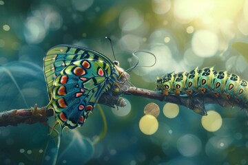 Amazing moment . caterpillar, Large tropical butterfly hatch from the pupa, and emerging with clipping path. Concept transformation of Butterfly - obrazy, fototapety, plakaty