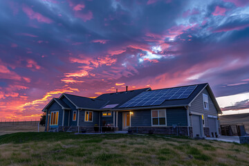 Obraz premium Residential house with solar panels on the roof against a backdrop of a sunset sky with radiant clouds. Concept of sustainable resources