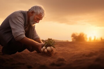 An aged man carefully harvests ripe vegetables from the ground at dusk. - obrazy, fototapety, plakaty