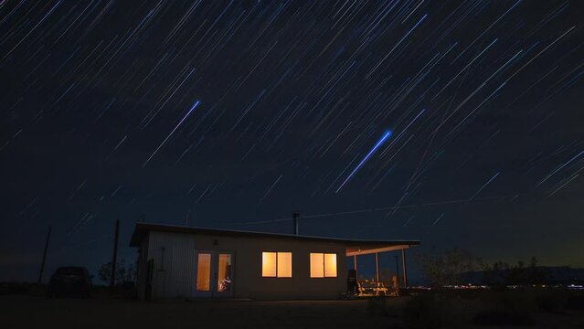 Star Trails Night Sky Desert Cabin Moon 4K Timelapse