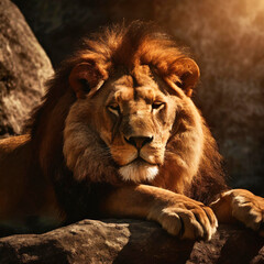 Lion resting against a rock in the warm sunlight, soft light