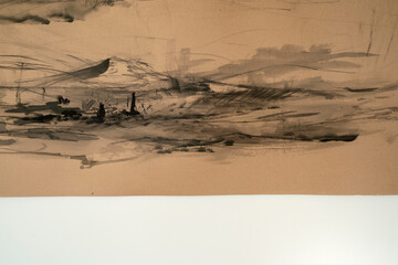 Abstract art. Closeup view of a modern expressive painting with strong black lines and stains,...