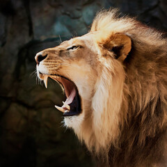 Moment when a lion roars loudly - obrazy, fototapety, plakaty