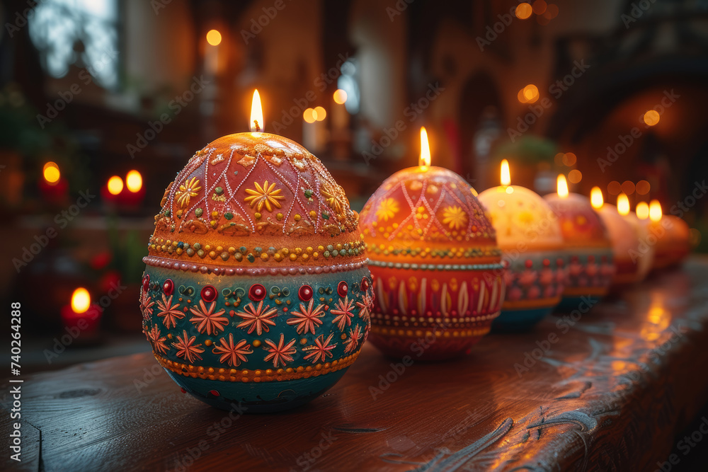 Poster ornamental easter egg candles casting a warm glow as they illuminate a sacred space during easter wo