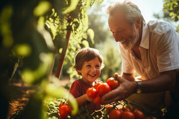 Grandpa and grandson harvesting tomatoes in the garden