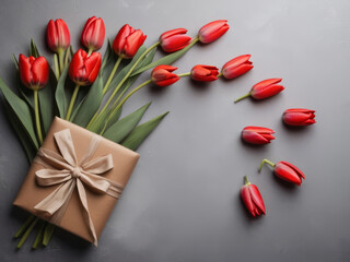 Beautiful red tulips in craft paper on gray pastel background with copy space, spring time, mother's day.