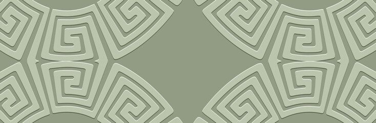 Banner, tribal trendy cover design. Relief geometric 3D pattern on a green background. Vintage art, ethnicity of the East, Asia, India, Mexico, Aztec, Peru. Ideas for creativity.