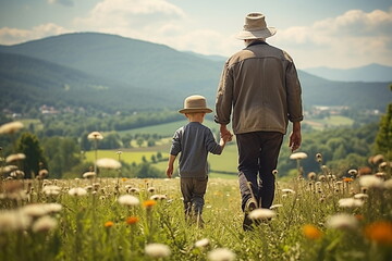 grandpa and grandson walking hand in hand in nature, view from behind