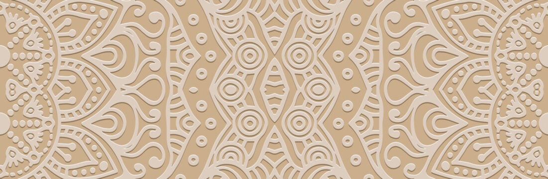 Banner, tribal art cover design. Relief geometric 3D pattern on a beige background. Vintage art, ethnicity of the East, Asia, India, Mexico, Aztec, Peru. Ideas for creativity.