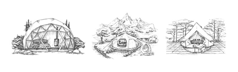 Camping Tents Recreation Illustrations Set. Hand Drawn Comfortable Outdoor Landscape Scenery Bundle. Modern Nature Rest Sketch Drawings Collection Isolated