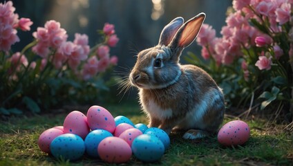 Cartoon rabbit with pink and blue Easter eggs