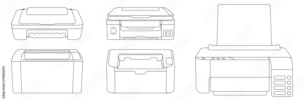 Poster printer vector set. office electronic equipment multi-function printer. laser printer for printing t