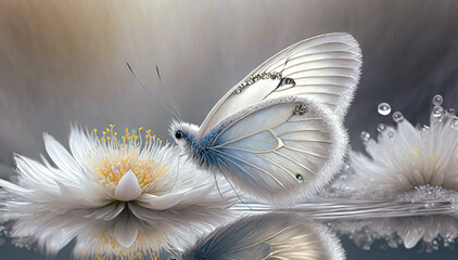 Biały motyl i kwiat. Tło natury. Kwiaty fraktale - obrazy, fototapety, plakaty