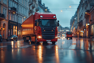 A freight truck navigating through urban streets, transporting goods efficiently. Concept of urban logistics. Generative Ai.