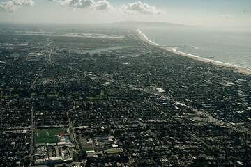 Aerial view of highway interchange with downtown city Los Angeles, USA