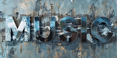 Electronic music festival poster with abstract lines. Design template for flyer, presentation, brochure."MUSIC" text shaped with vinyl records and audio waves and metallic textures.