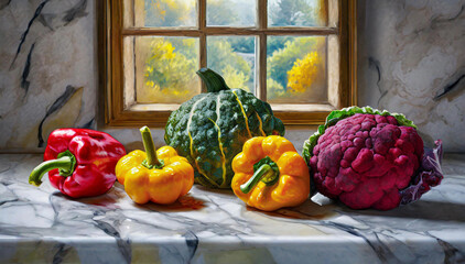 Warzywa, martwa natura. Kompozycja warzyw na marmurowym stole - obrazy, fototapety, plakaty