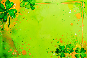 Green Saint Patrick's Day background with clover and space for text - obrazy, fototapety, plakaty