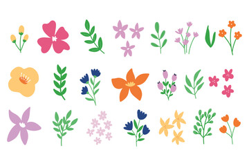Set of modern floral elements.Flower and green leaves.Hand draw botanical.