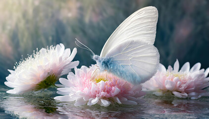 Biały makro motyl ,abstrakcje natury, różowe kwiaty - obrazy, fototapety, plakaty