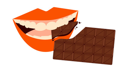 Flat vector illustration of eating chocolate.Girl eating chocolate.Piece of chocolate and mouth.