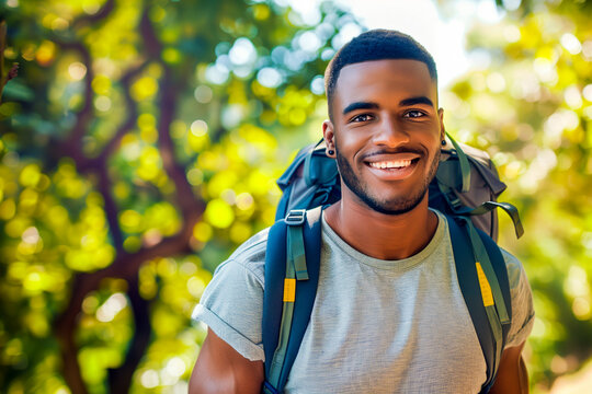 Young smiling black man with a backpack on a sunny day, photorealistic illustration