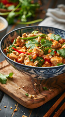  Red Curry Chicken Stir Fry with Spicy Cashew Sauce. Copy space, vertical
