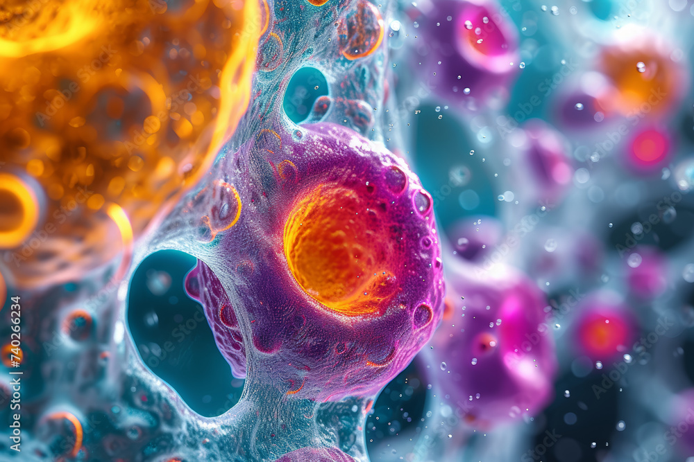 Poster a microscopic view of genetically modified organisms interacting at the cellular level. concept of e