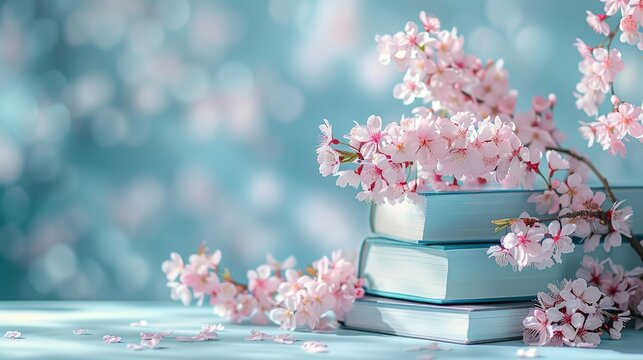 Stacked Books Surrounded by Cherry Blossoms on Turquoise Surface