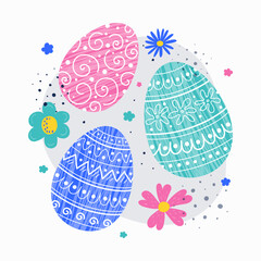 Easter background concept. Poster with eggs and flowers. Vector illustration