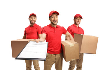 Delivery men with packages and a document for signing